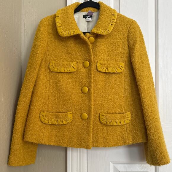 J. Crew Gold Mustard Tweed Blazer Jacket 8 Ruffle Hem Pockets - Picture 1 of 7